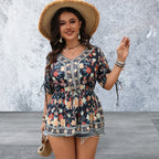 Plus Size Floral V-Neck Half Sleeve Top