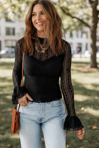 Black Long Sleeve Lace Flounce Sleeve Slim Fit Top