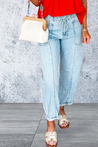Myosotis Exposed Stitch Detail Drawstring Barrel Jeans