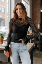 Black Long Sleeve Lace Flounce Sleeve Slim Fit Top