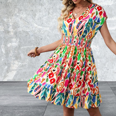 Abstract Print V Neck Dolman Sleeve Ruffle Tiered Mini Dress