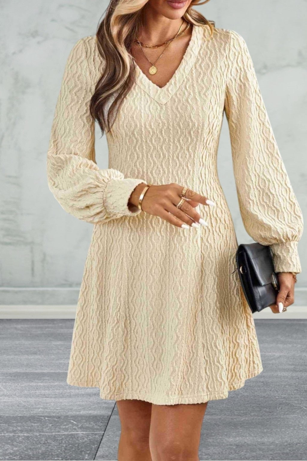 Long Sleeve Lace Detail V-Neck Dress