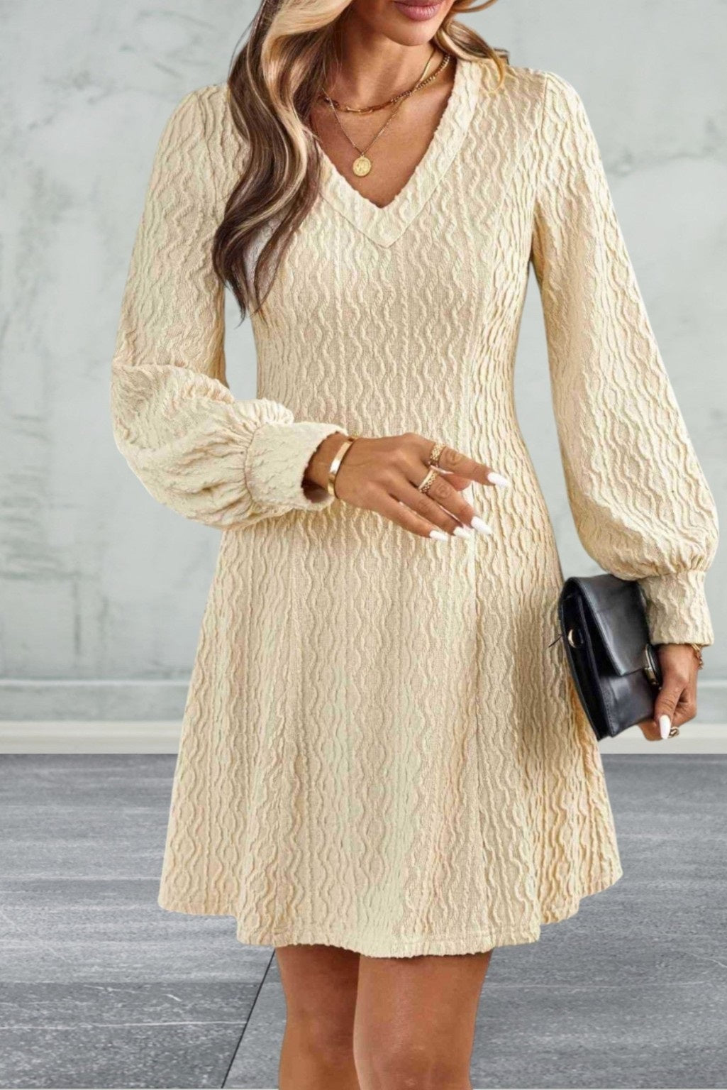 Long Sleeve Lace Detail V-Neck Dress