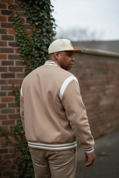 Men's Beige Varsity Button Front Suede Jacket