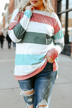 Long Sleeve Plus Size Colorblock Pullover Top
