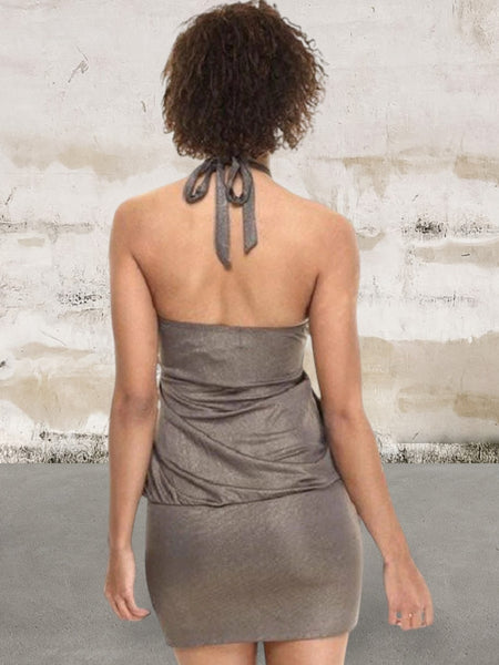 Sleeveless drape front halter neck dress