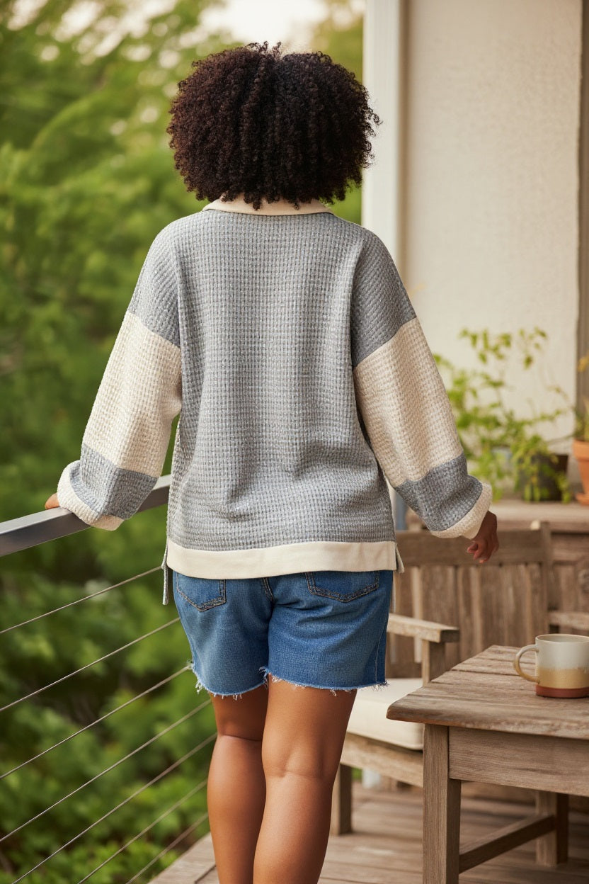 Long Sleeve Colorblock Collared Henley Top