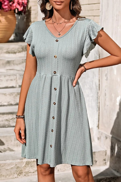 Women's V-Neck Ruffled Cap Sleeve Dress