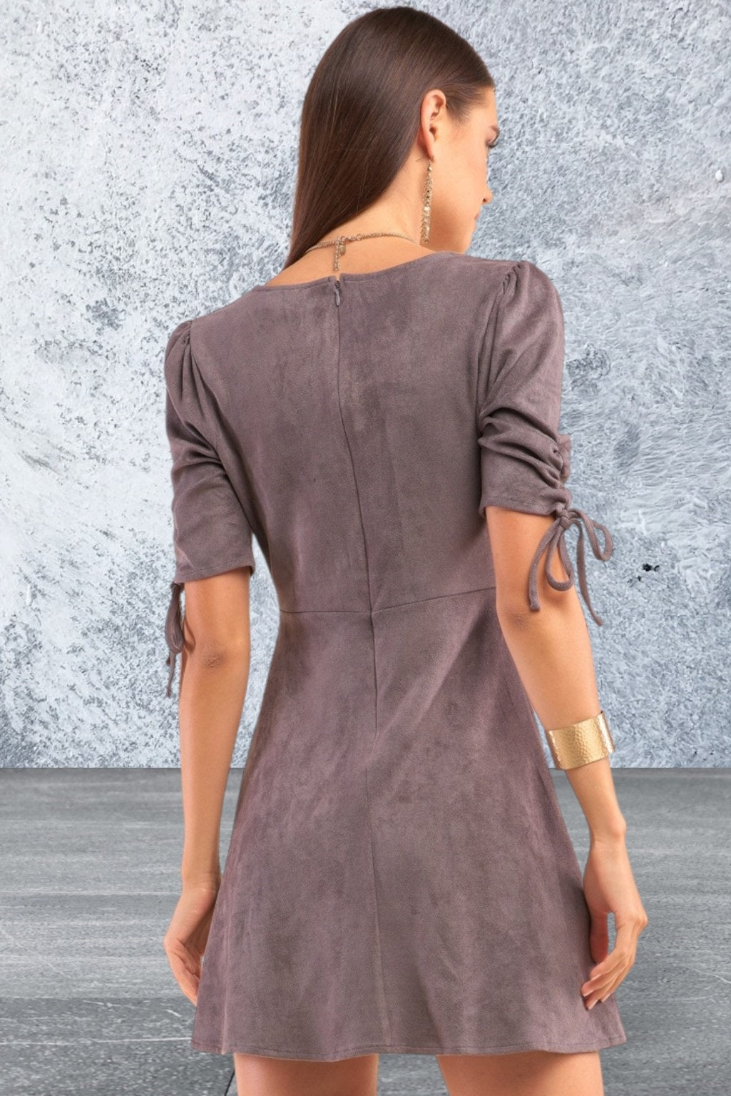 Deep v-neckline self-tie gathered chest detail juniors dress