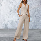 Women's V-Neck Button Down Vest and Wide Leg Pants Set