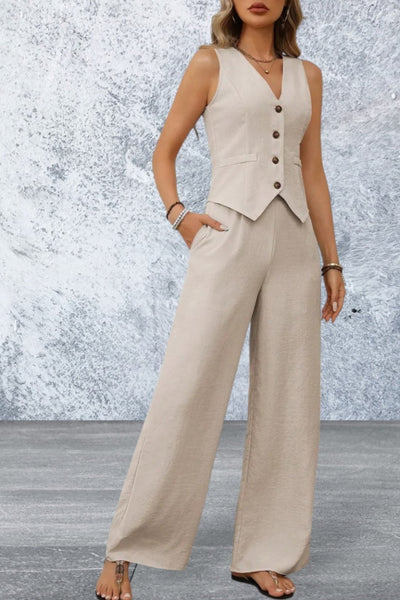 Women's V-Neck Button Down Vest and Wide Leg Pants Set