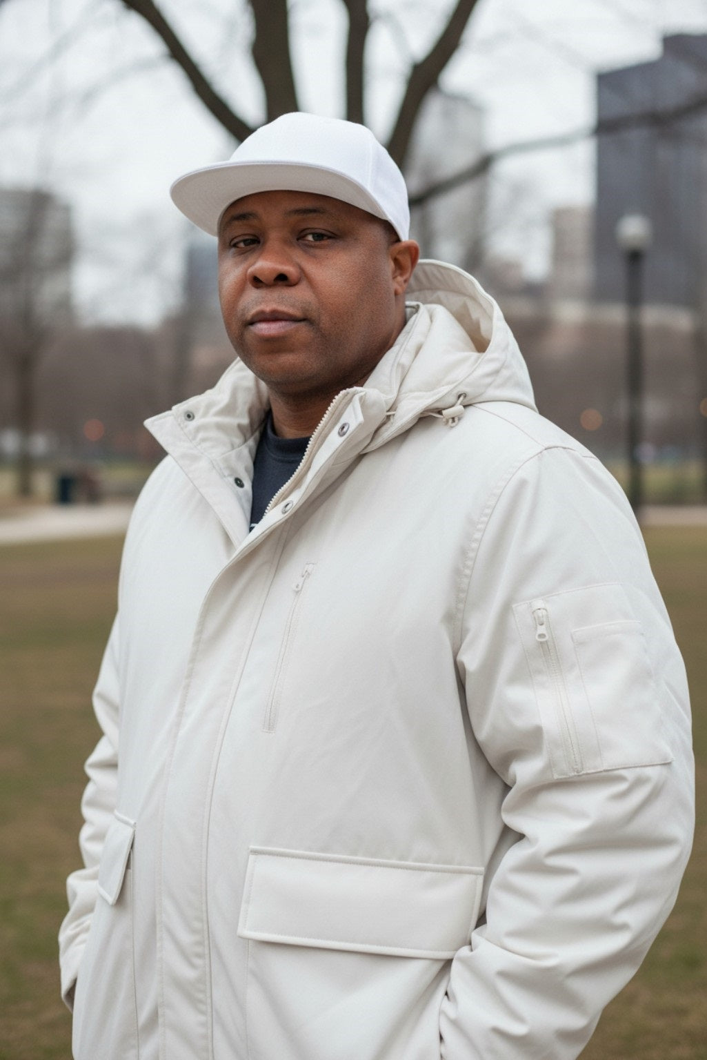 Men's Thick Padded Hooded Off White Coat