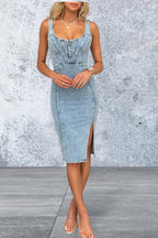 Sleeveless Scoop Neck Side Slit Denim Dress