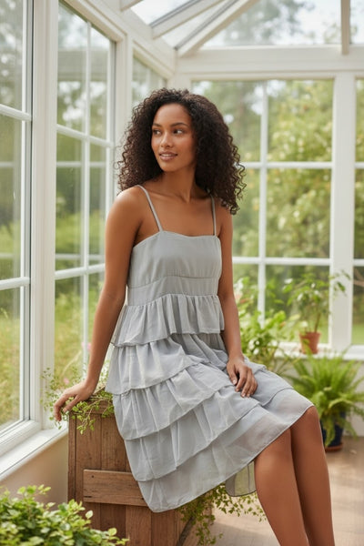 Grey spaghetti strap ruffle knee length dress