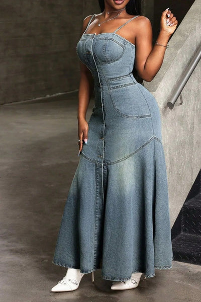 Smocked Button Front Denim Cami Dress