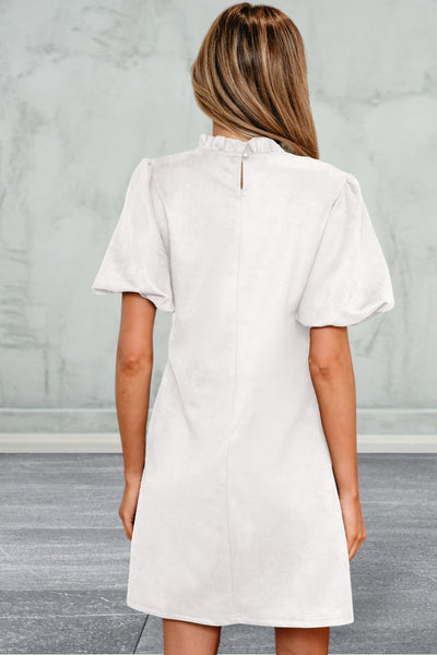 Round Neck Short Puff Sleeve Mini Dress