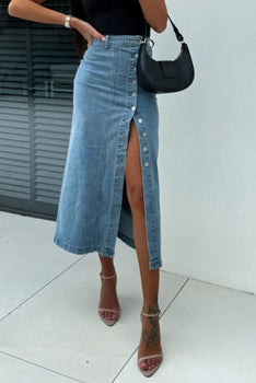 Front Button Slit Midi Denim Skirt