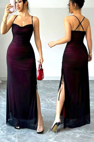 Sleeveless Ruched Sweetheart Neck Slit Maxi Dress