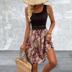 Printed A-Line Tank Dress with Lace Waist Detail