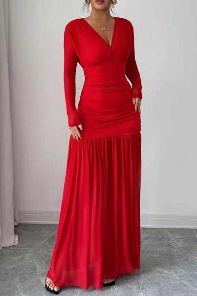 Ruched Surplice Long Sleeve Maxi Dress