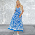 Paisley V Neck Crisscross Backless Maxi Dress
