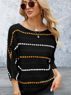 Eyelet Striped Round Neck Knit Top