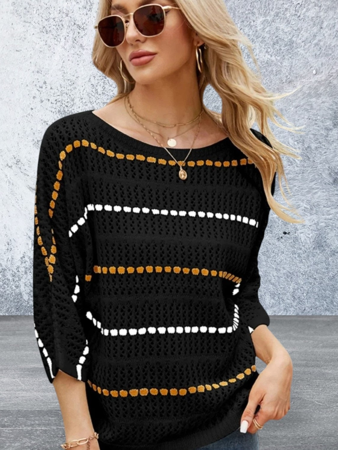 Eyelet Striped Round Neck Knit Top