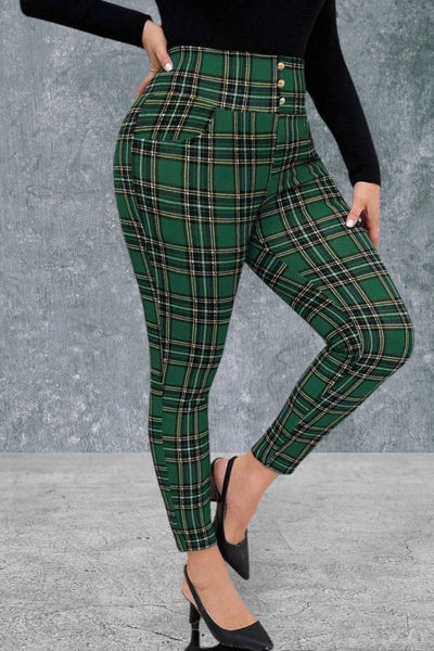 Plus Size Front Button Allover Plaid Print Casual Pants