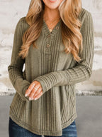 Ribbed Buttoned Long Sleeve Blouse