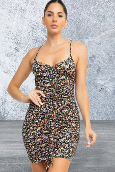 Sleeveless Ruched Floral Print Cami Dress