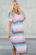 Short Sleeve Striped V-Neck Midi Dress