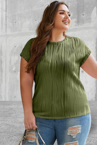 Plus Size Short Sleeve Solid Color Wavy Textured Top