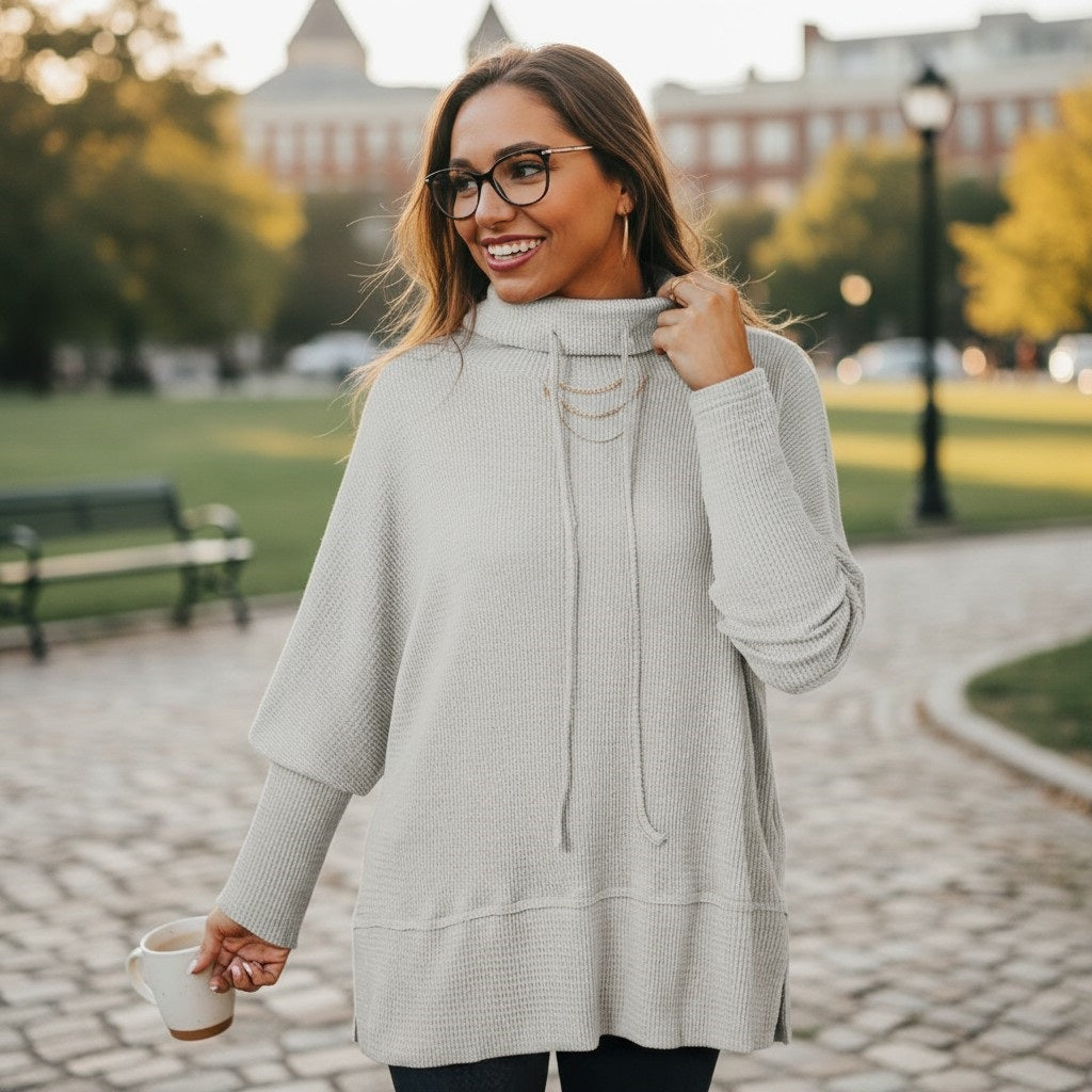 Cowl Neck Knit Drawstring Oversize Top