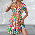 Abstract Print V Neck Dolman Sleeve Ruffle Tiered Mini Dress