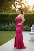 Pink One Shoulder Thigh High Split  Sequin Gown