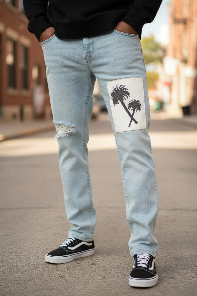 Denim Blue Palm Tree Patchwork Jeans