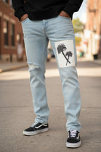Denim Blue Palm Tree Patchwork Jeans