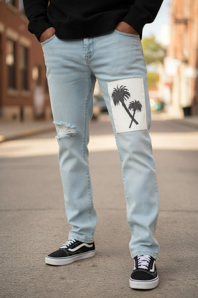 Denim Blue Palm Tree Patchwork Jeans