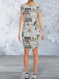 Short sleeve newspaper ruched dress