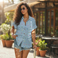 Plus Size Short Sleeve Hearts Print Button Down Loose Top