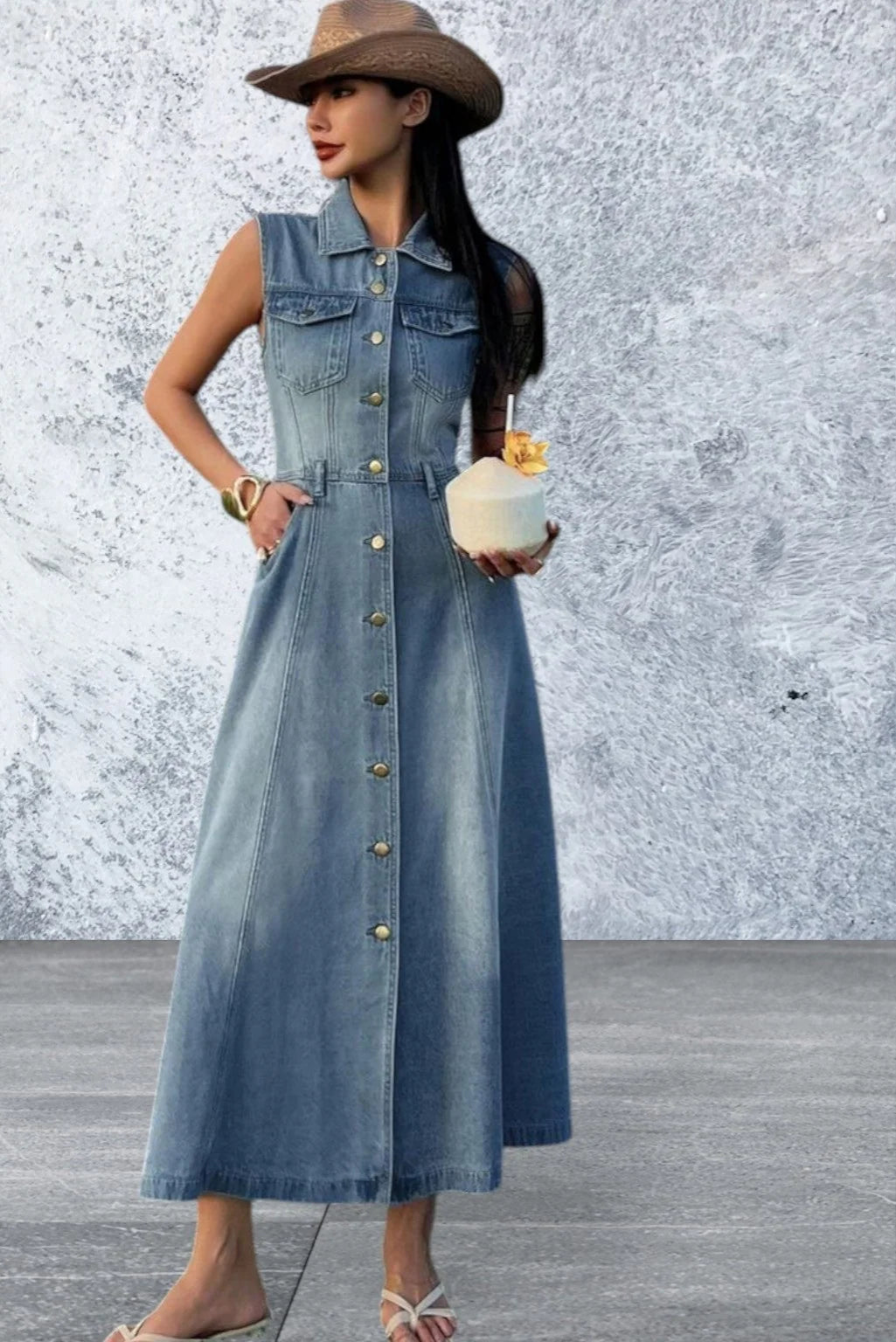 Women's Sleeveless Button Front Denim Dress