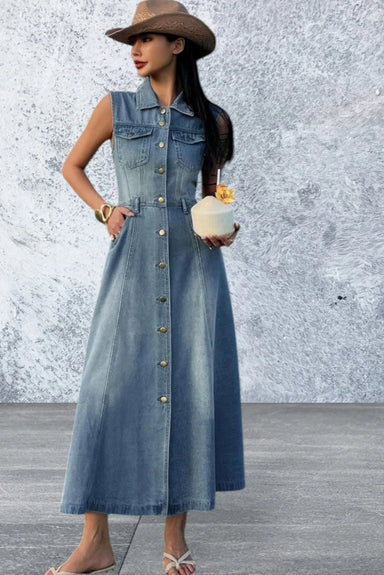 Women's Sleeveless Button Front Denim Dress Blue / L Women's Sleeveless Button Front Denim Dress Blue / L