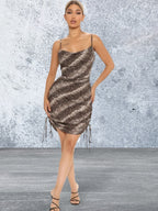 Spaghetti strap snake print rushed mini dress