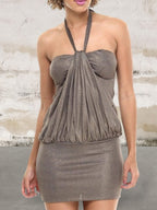 Sleeveless drape front halter neck dress