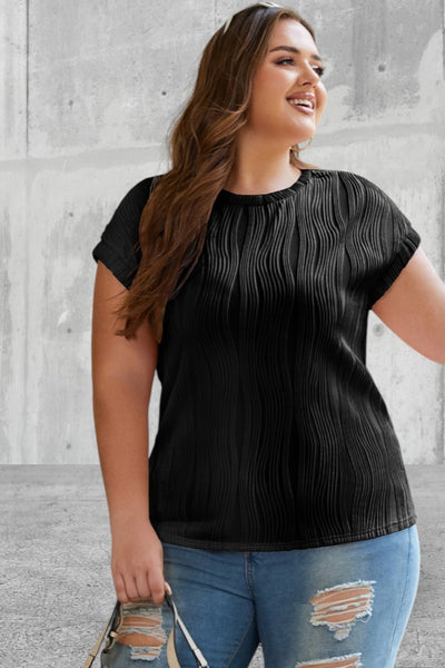 Plus Size Short Sleeve Solid Color Wavy Textured Top