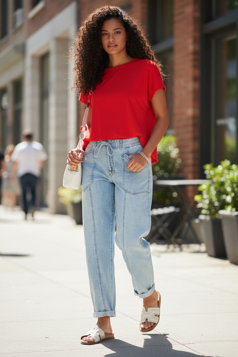 Myosotis Exposed Stitch Detail Drawstring Barrel Jeans