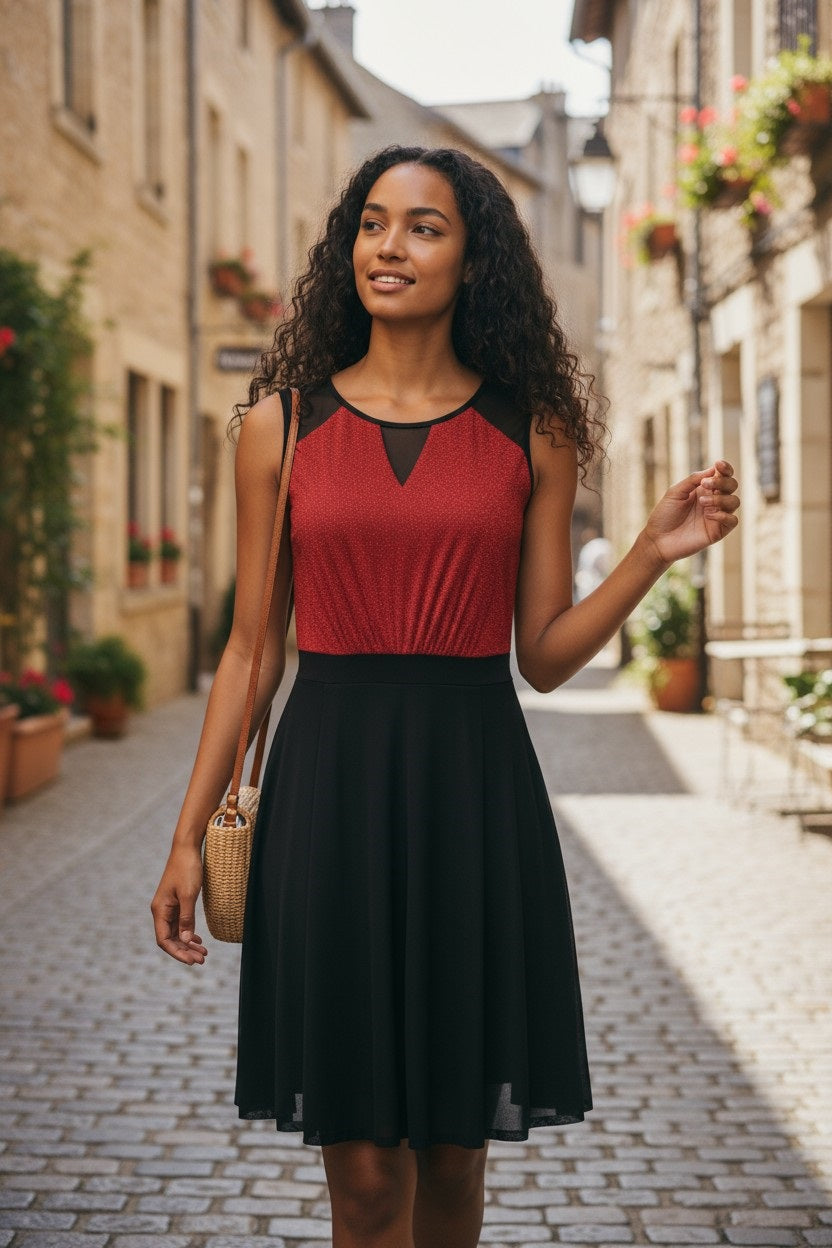 Sleeveless Round Neck Petite Red And Black Dress