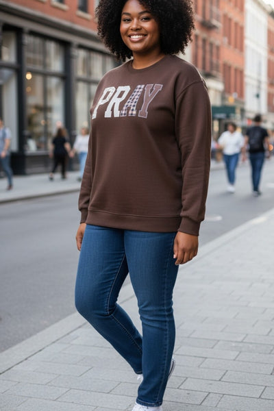 Plus Size PRAY Letter Patchwork Round Neck Long Sleeve Sweatshirt