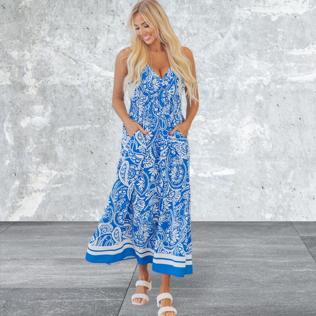 Paisley V Neck Crisscross Backless Maxi Dress