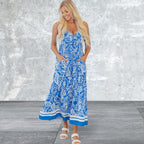Paisley V Neck Crisscross Backless Maxi Dress
